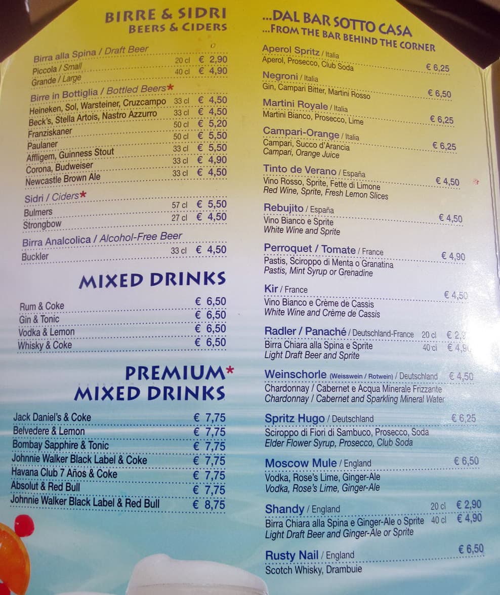 Costa Cruises bar list